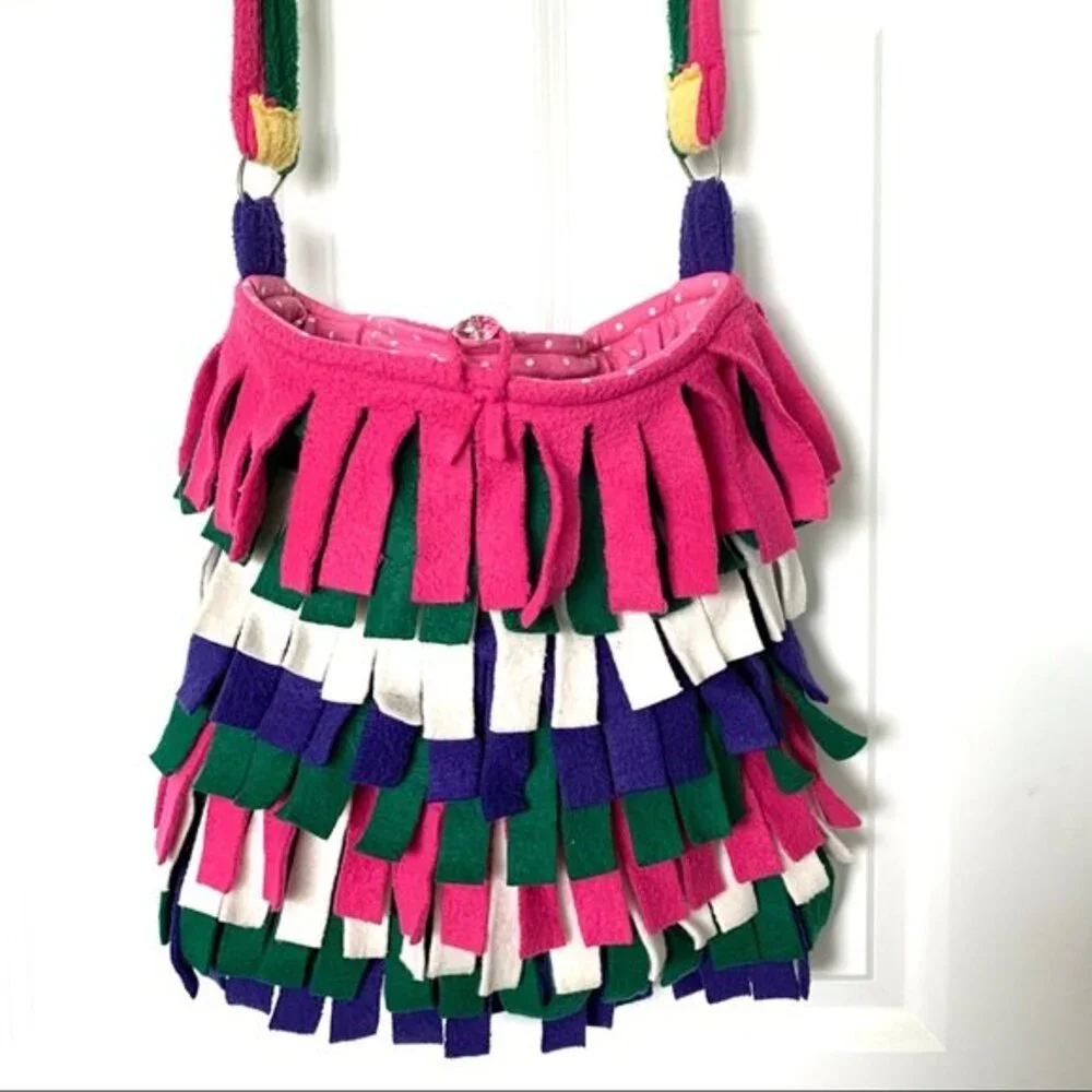 Handmade Fleece Fringe Shoulder Tote Bag Pink White Green
